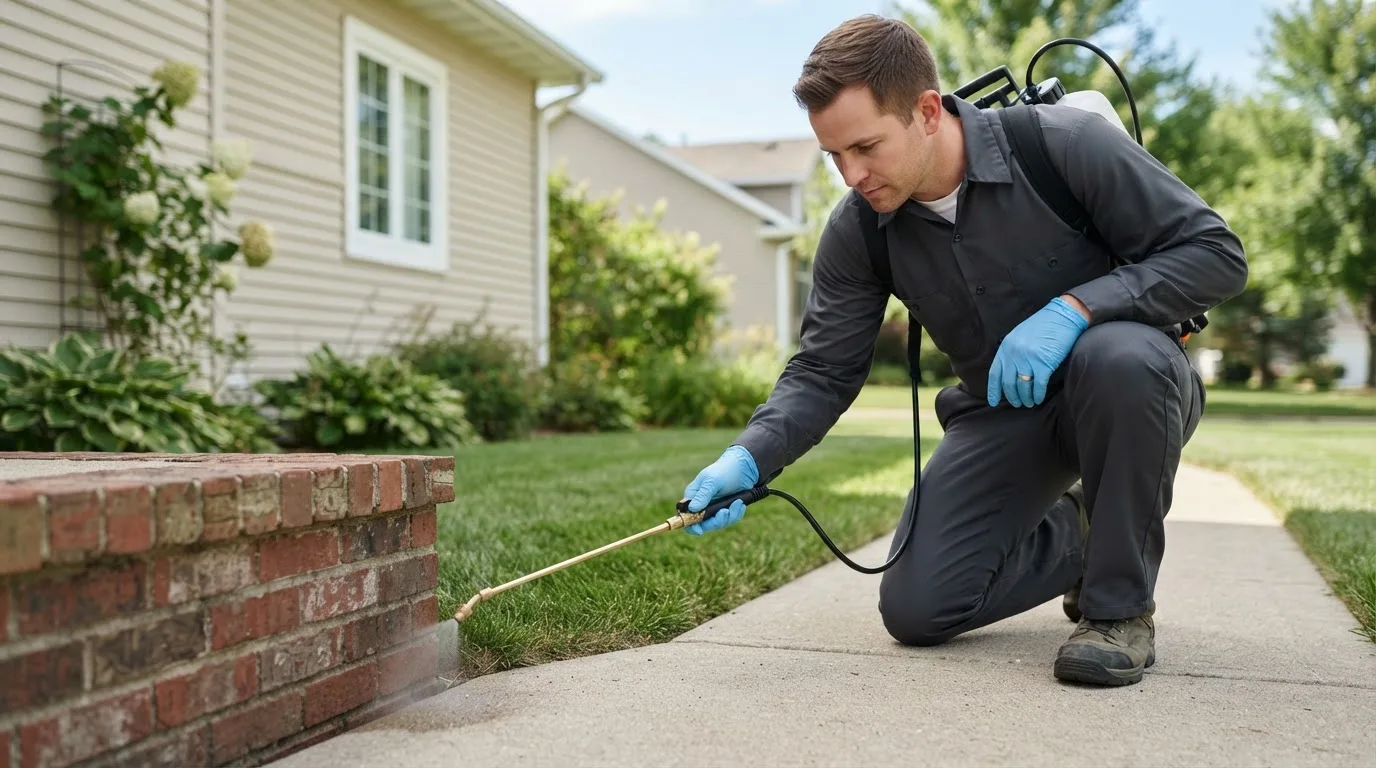 Pest control technician treating a home near Mulkeytown, IL
