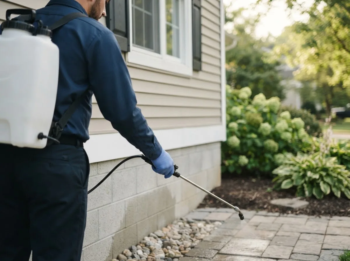 Pest control technician inspecting a home in Mulkeytown, IL